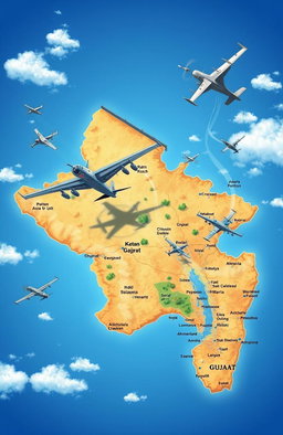 A detailed illustration of the Gujarat map showcasing various spy crafts, including stealth drones and reconnaissance aircraft