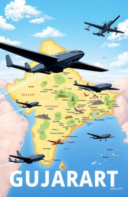 A detailed illustration of the Gujarat map showcasing various spy crafts, including stealth drones and reconnaissance aircraft