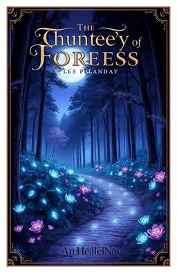 A captivating book cover design featuring a mystical forest scene at twilight