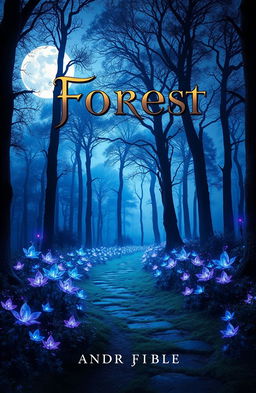 A captivating book cover design featuring a mystical forest scene at twilight