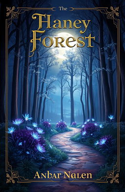 A captivating book cover design featuring a mystical forest scene at twilight