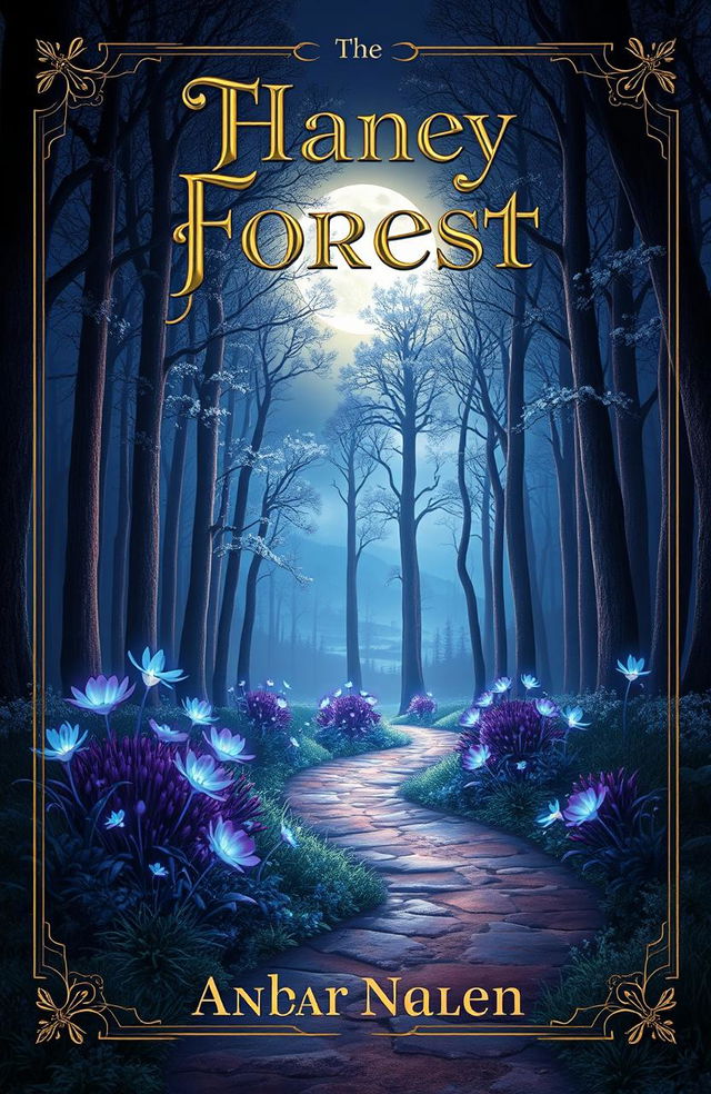 A captivating book cover design featuring a mystical forest scene at twilight