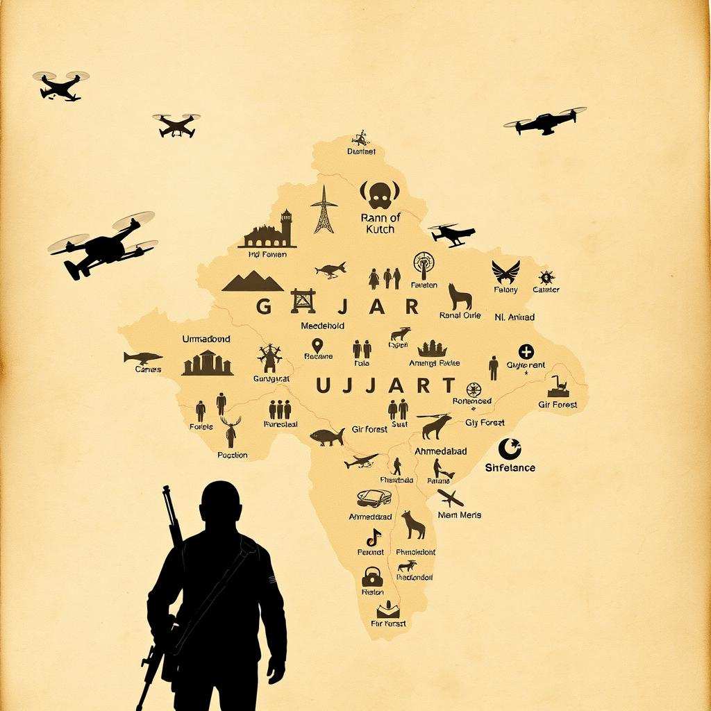 An artistic representation of a Gujarat map depicting the theme of espionage