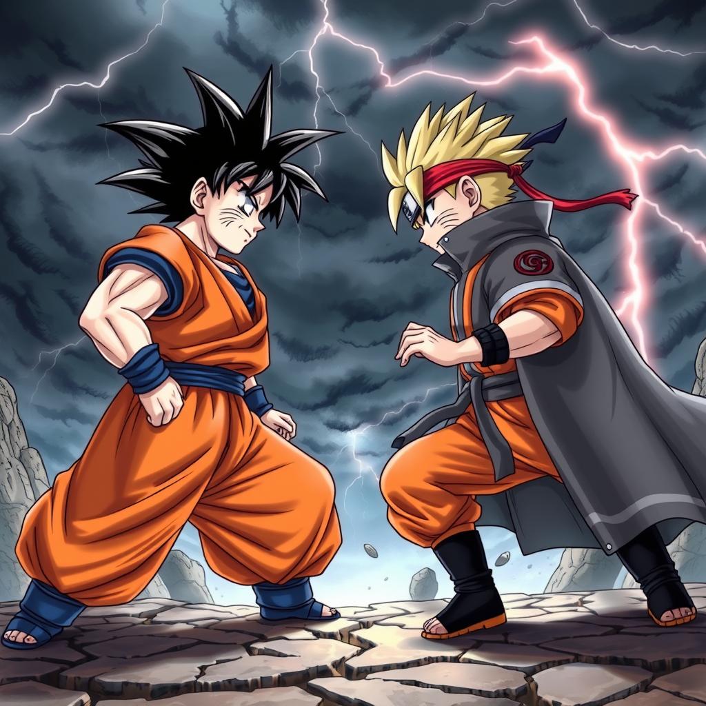 A highly detailed and realistic illustration of Goku from Dragon Ball facing Naruto Uzumaki, the Hokage, in an epic standoff, both characters are depicted with intense expressions, showcasing their readiness for battle