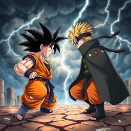 A highly detailed and realistic illustration of Goku from Dragon Ball facing Naruto Uzumaki, the Hokage, in an epic standoff, both characters are depicted with intense expressions, showcasing their readiness for battle