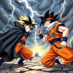 A highly detailed and realistic illustration of Goku from Dragon Ball facing Naruto Uzumaki, the Hokage, in an epic standoff, both characters are depicted with intense expressions, showcasing their readiness for battle