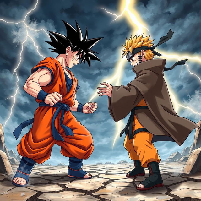 A highly detailed and realistic illustration of Goku from Dragon Ball facing Naruto Uzumaki, the Hokage, in an epic standoff, both characters are depicted with intense expressions, showcasing their readiness for battle