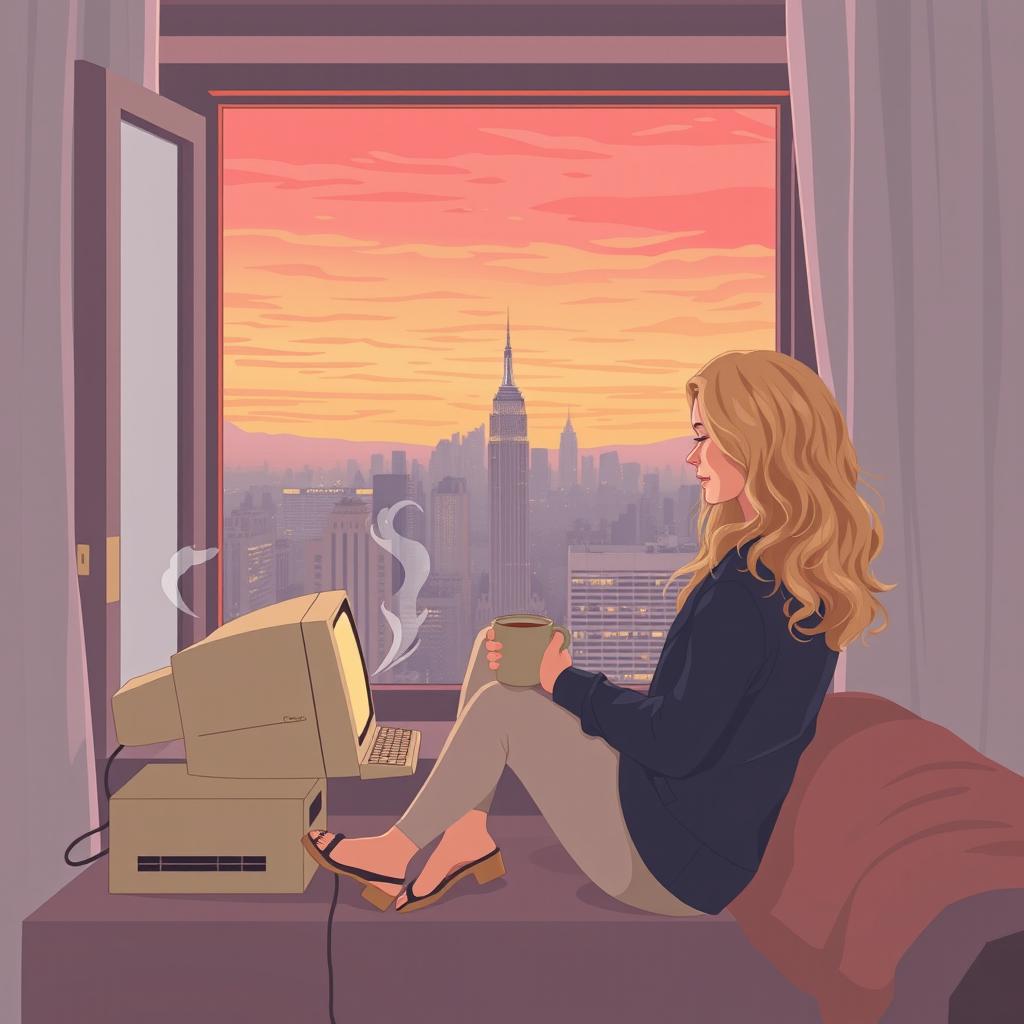 A charming book cover design in vector art style featuring a young woman inspired by Carrie Bradshaw, a 21-year-old blonde with long, curly hair, sitting in a cozy position by her apartment window