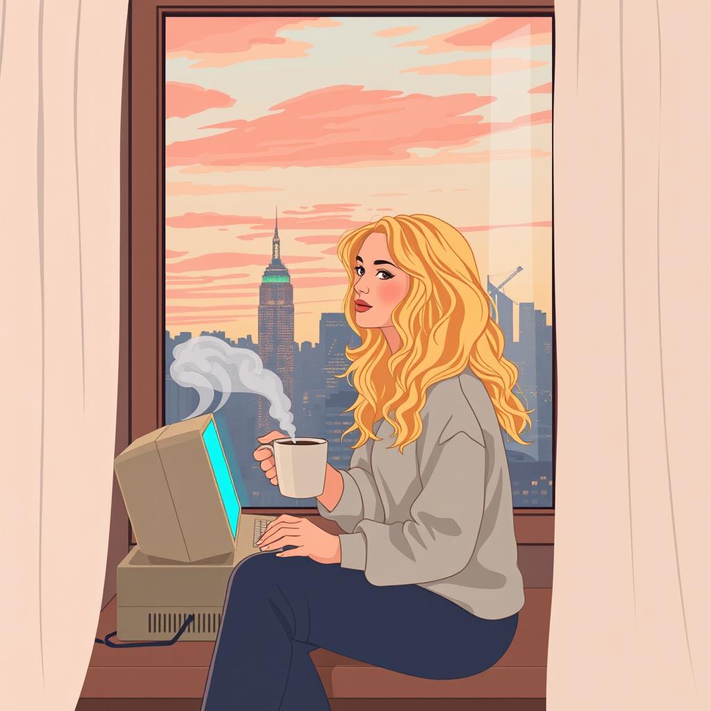 A cozy and lighthearted book cover design in vector art style featuring a young woman inspired by Carrie Bradshaw, a 21-year-old blonde with long, curly hair, sitting by her apartment window