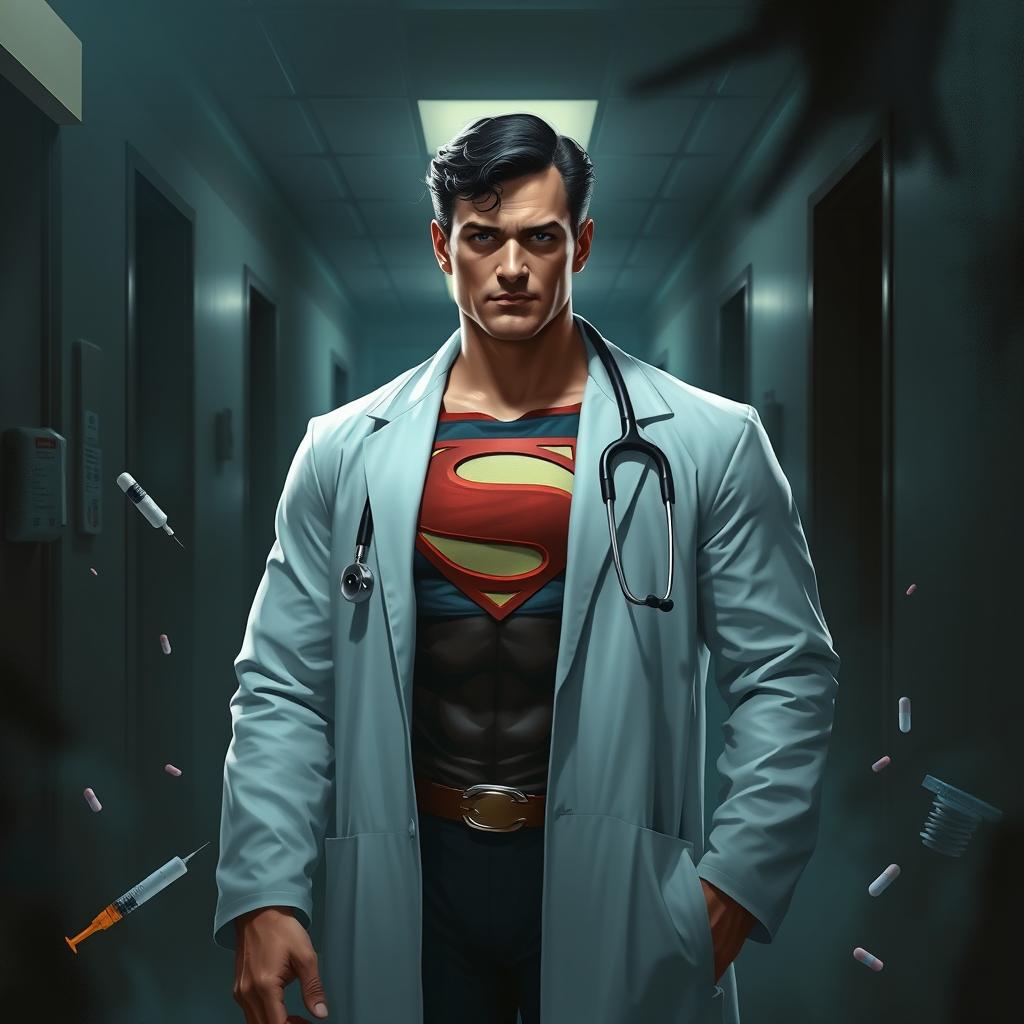A digital painting of Superman dressed in a white coat, resembling a doctor, confidently standing amidst a hospital environment