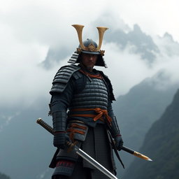 A majestic samurai warrior standing proudly with a katana in hand, dressed in intricate traditional armor