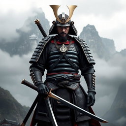 A majestic samurai warrior standing proudly with a katana in hand, dressed in intricate traditional armor