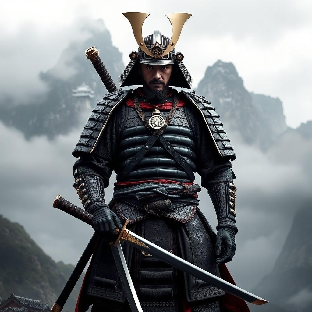 A majestic samurai warrior standing proudly with a katana in hand, dressed in intricate traditional armor