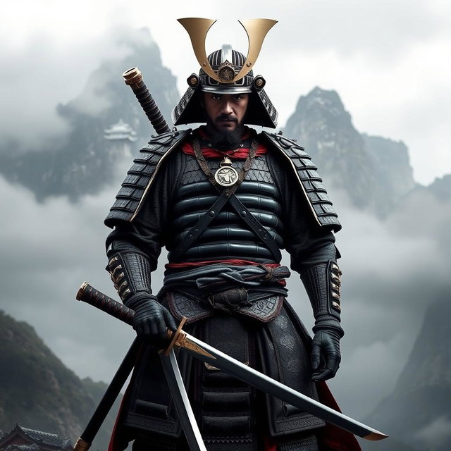 A majestic samurai warrior standing proudly with a katana in hand, dressed in intricate traditional armor