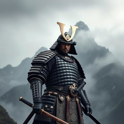 A majestic samurai warrior standing proudly with a katana in hand, dressed in intricate traditional armor