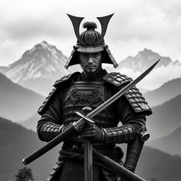 A striking samurai warrior standing resolutely in the foreground, holding a shiny katana with a determined expression