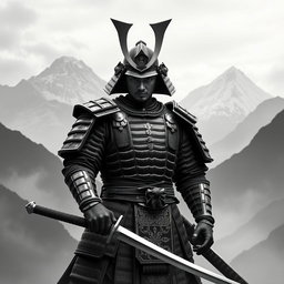 A striking samurai warrior standing resolutely in the foreground, holding a shiny katana with a determined expression