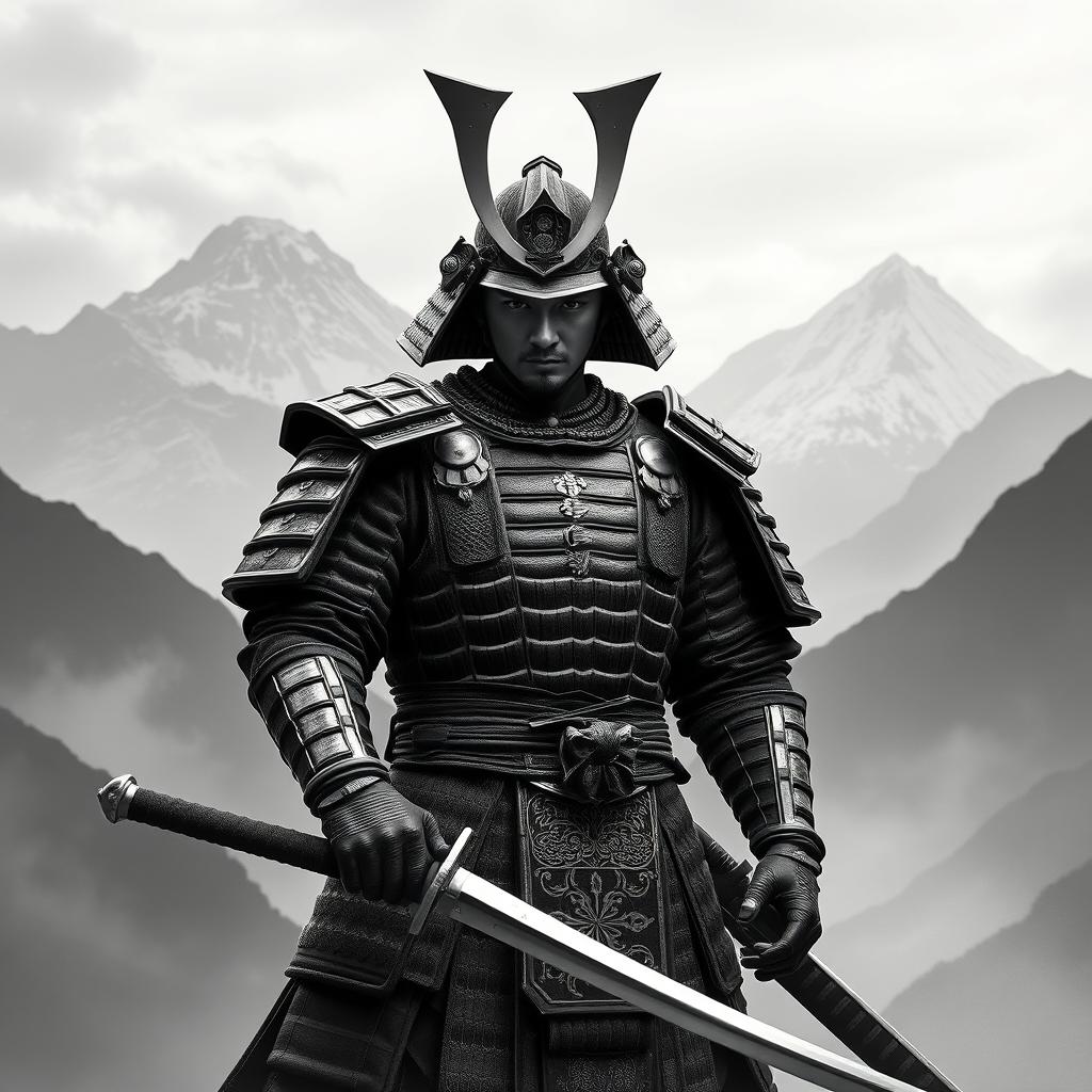 A striking samurai warrior standing resolutely in the foreground, holding a shiny katana with a determined expression