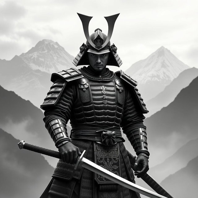 A striking samurai warrior standing resolutely in the foreground, holding a shiny katana with a determined expression