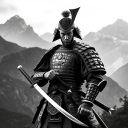 A striking samurai warrior standing resolutely in the foreground, holding a shiny katana with a determined expression