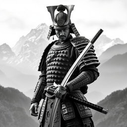 A striking samurai warrior standing resolutely in the foreground, holding a shiny katana with a determined expression