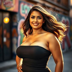 A confident woman with a curvy figure, emphasizing her large breasts and alluring hips