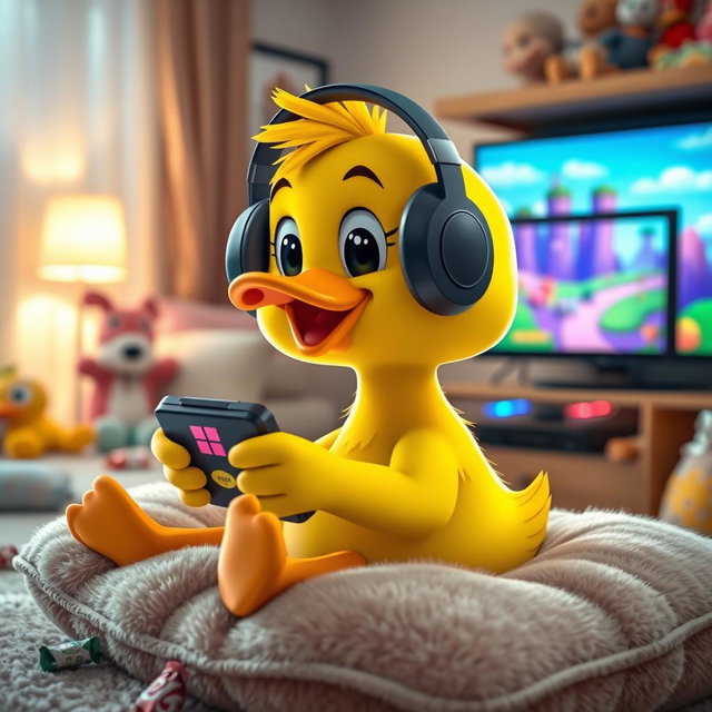 A cute, cartoonish duck playing a video game, sitting on a fluffy cushion in a cozy living room