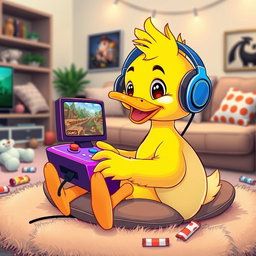 A cute, cartoonish duck playing a video game, sitting on a fluffy cushion in a cozy living room