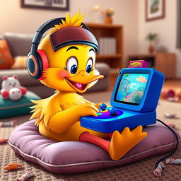 A cute, cartoonish duck playing a video game, sitting on a fluffy cushion in a cozy living room