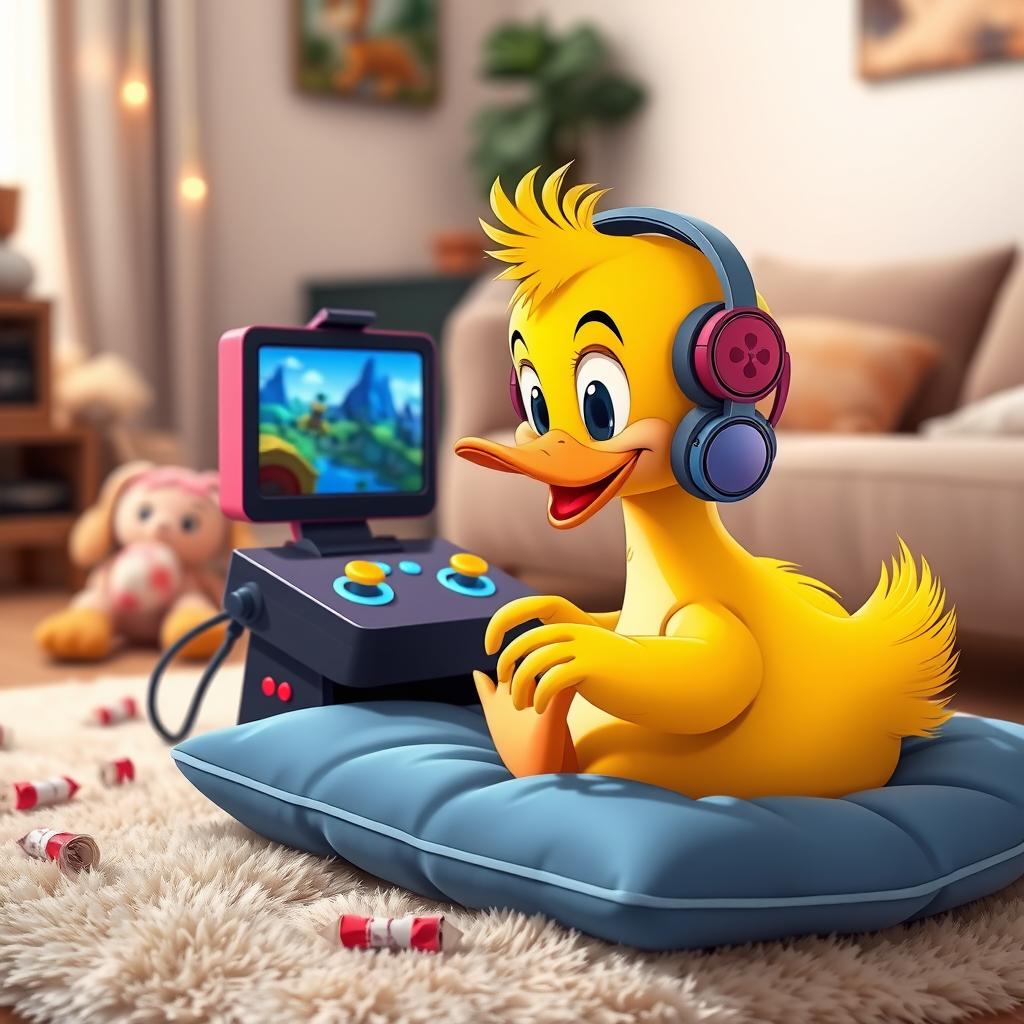 A cute, cartoonish duck playing a video game, sitting on a fluffy cushion in a cozy living room