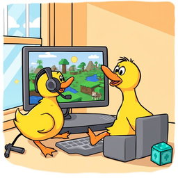 A whimsical and colorful illustration of a cartoon duck enthusiastically playing Minecraft on a computer