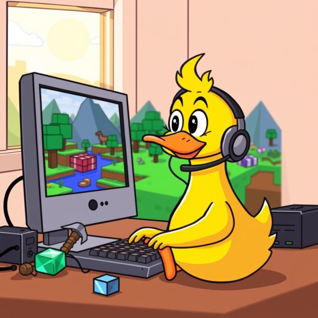 A whimsical and colorful illustration of a cartoon duck enthusiastically playing Minecraft on a computer