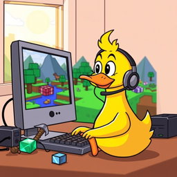 A whimsical and colorful illustration of a cartoon duck enthusiastically playing Minecraft on a computer
