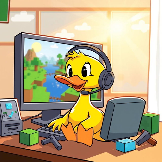 A whimsical and colorful illustration of a cartoon duck enthusiastically playing Minecraft on a computer