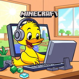 A whimsical and colorful illustration of a cartoon duck enthusiastically playing Minecraft on a computer