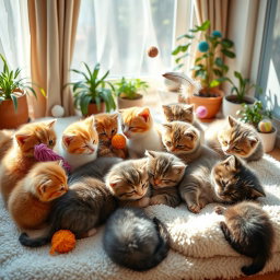 A group of adorable, fluffy kittens playfully interacting in a cozy room filled with sunlight