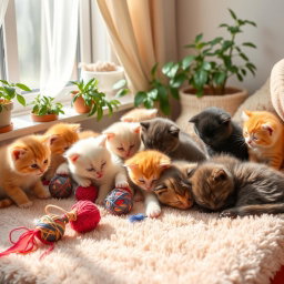 A group of adorable, fluffy kittens playfully interacting in a cozy room filled with sunlight