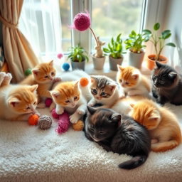 A group of adorable, fluffy kittens playfully interacting in a cozy room filled with sunlight