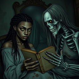 A dark and haunting scene taking place in a woman's bedroom, featuring a black female protagonist with braided hair and striking green eyes, and a white male character named Alexandre with brown eyes, both engrossed in reading an old diary
