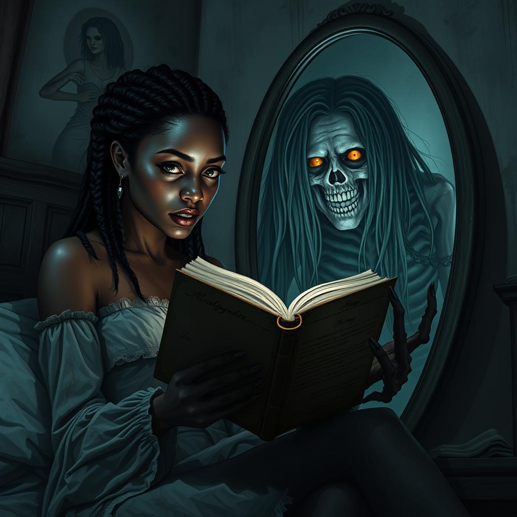 A dark and haunting scene taking place in a woman's bedroom, featuring a black female protagonist with braided hair and striking green eyes, and a white male character named Alexandre with brown eyes, both engrossed in reading an old diary