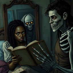 A dark and haunting scene taking place in a woman's bedroom, featuring a black female protagonist with braided hair and striking green eyes, and a white male character named Alexandre with brown eyes, both engrossed in reading an old diary