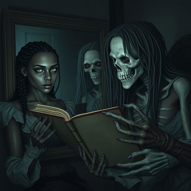 A dark and haunting scene taking place in a woman's bedroom, featuring a black female protagonist with braided hair and striking green eyes, and a white male character named Alexandre with brown eyes, both engrossed in reading an old diary