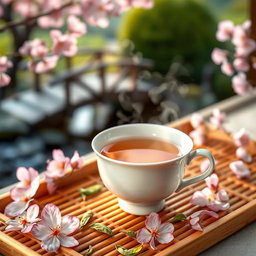 A steaming cup of traditional Chinese tea served in an elegant porcelain teacup, surrounded by delicate cherry blossom petals and a bamboo tea tray