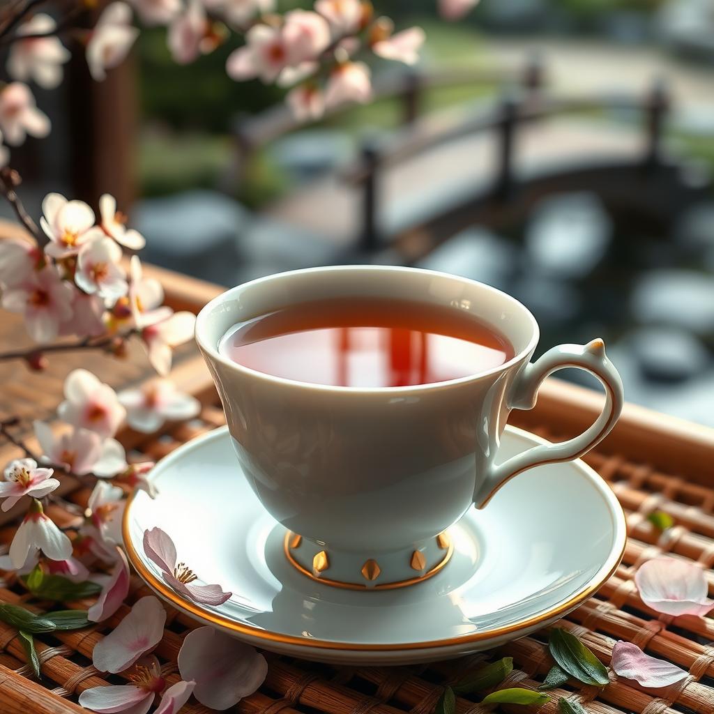 A steaming cup of traditional Chinese tea served in an elegant porcelain teacup, surrounded by delicate cherry blossom petals and a bamboo tea tray