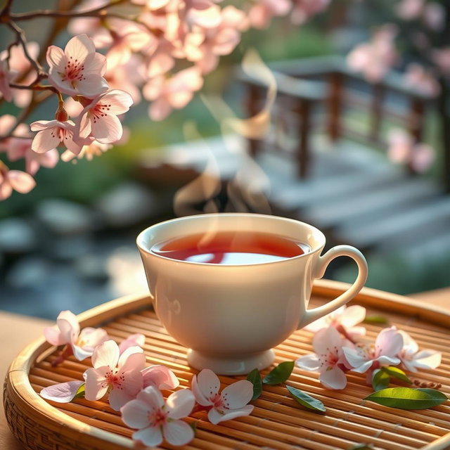 A steaming cup of traditional Chinese tea served in an elegant porcelain teacup, surrounded by delicate cherry blossom petals and a bamboo tea tray