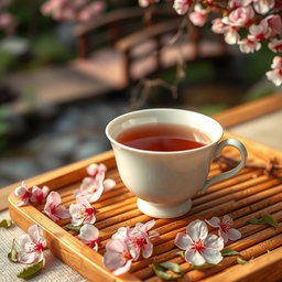 A steaming cup of traditional Chinese tea served in an elegant porcelain teacup, surrounded by delicate cherry blossom petals and a bamboo tea tray