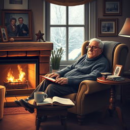 An elderly man sitting in a cozy armchair by a warm fireplace, wearing comfortable knitted sweater and glasses, surrounded by books and a steaming mug of tea on a small table beside him