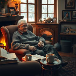 An elderly man sitting in a cozy armchair by a warm fireplace, wearing comfortable knitted sweater and glasses, surrounded by books and a steaming mug of tea on a small table beside him