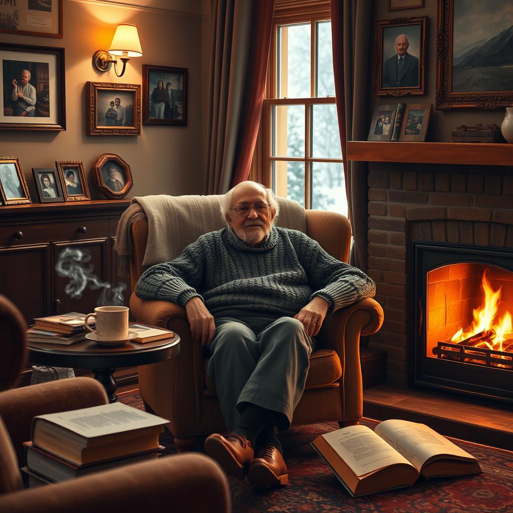 An elderly man sitting in a cozy armchair by a warm fireplace, wearing comfortable knitted sweater and glasses, surrounded by books and a steaming mug of tea on a small table beside him