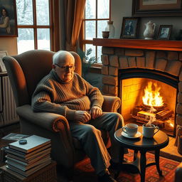 An elderly man sitting in a cozy armchair by a warm fireplace, wearing comfortable knitted sweater and glasses, surrounded by books and a steaming mug of tea on a small table beside him